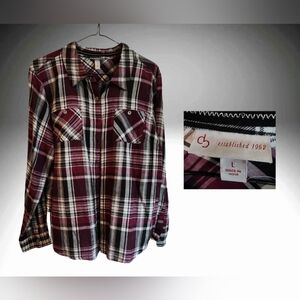 ❄️☃️❄️db established 1962 plaid flannel, purple and black, 190% cotton, sz L EUC